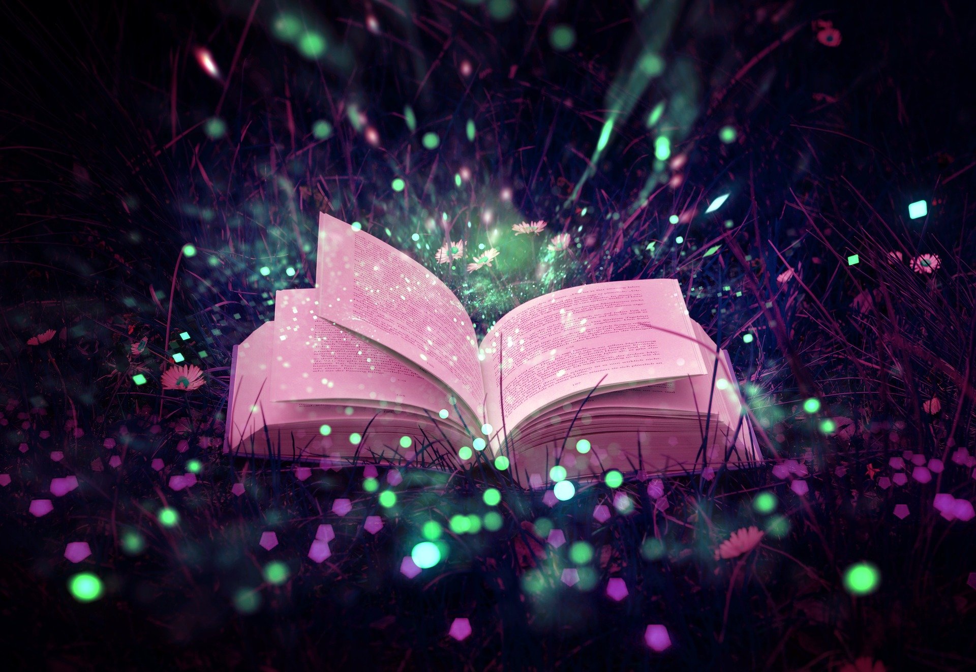 An open book surrounded by colorful light motes, laying on a patch of dark green foliage.