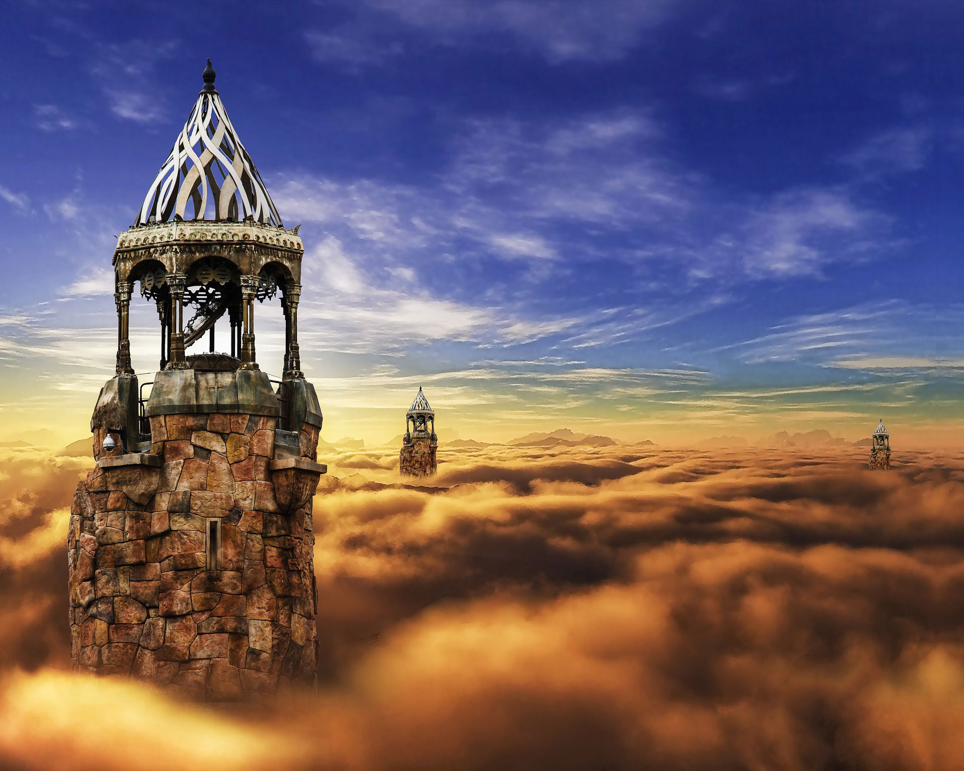 Three fantastical towers made of stone and metal among billowing dust-colored clouds beneath a bright blue sky with wispy white clouds.