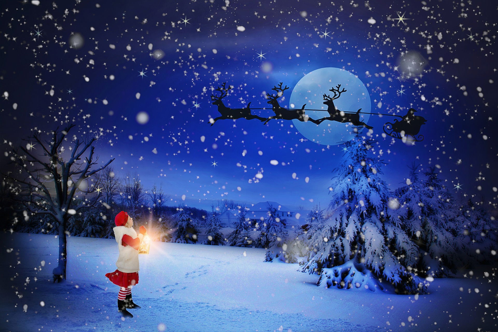 Imagen de Papa Noel con su carrosa tirada por Alces volando y surcando el cielo para llevar los regalos a los niños, conforme a tradiciones paganas
