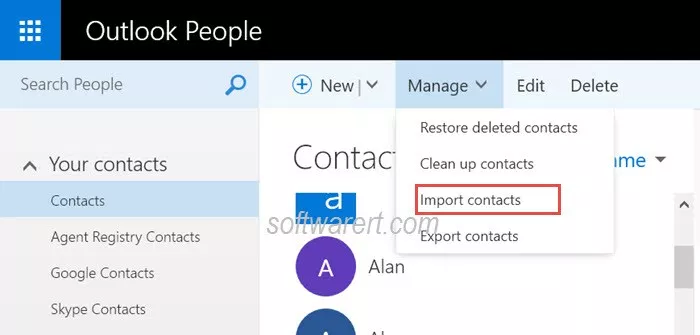 outlook people for web to import contacts