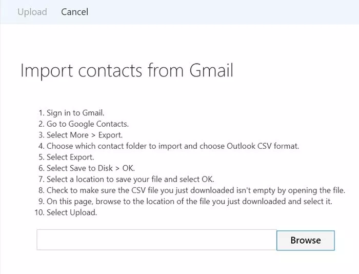 import contacts from gmail to outlook using web browser