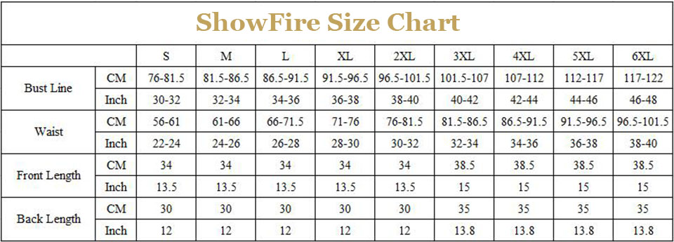 overbust corset size chart
