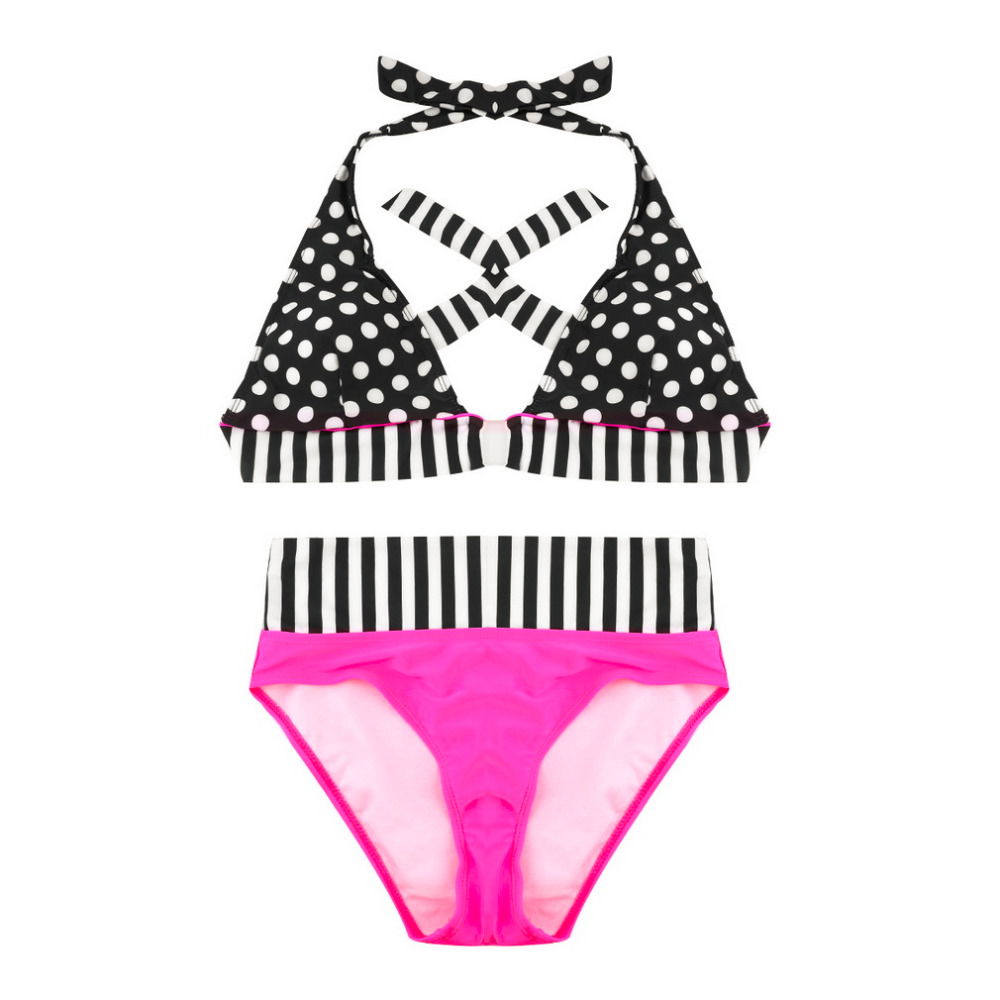 Promotion-XL-Pink-Black-Dots-Pattern-High-Waisted-Retro-Fringe-Vintage-Bikini-Swimsuit-Bathing-Swim-Polka (1)