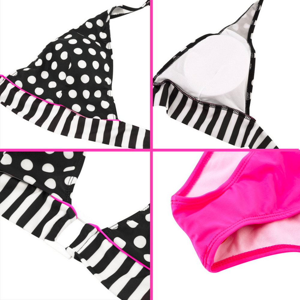 Promotion-XL-Pink-Black-Dots-Pattern-High-Waisted-Retro-Fringe-Vintage-Bikini-Swimsuit-Bathing-Swim-Polka