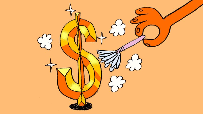 An illustration of a dollar sign being cleaned with a feather duster.