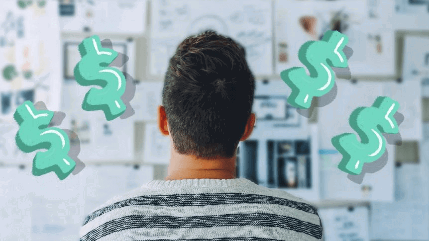 Back of a man's head as he looks at a wall covered in notes for a story about donating to charity and tax deductions.