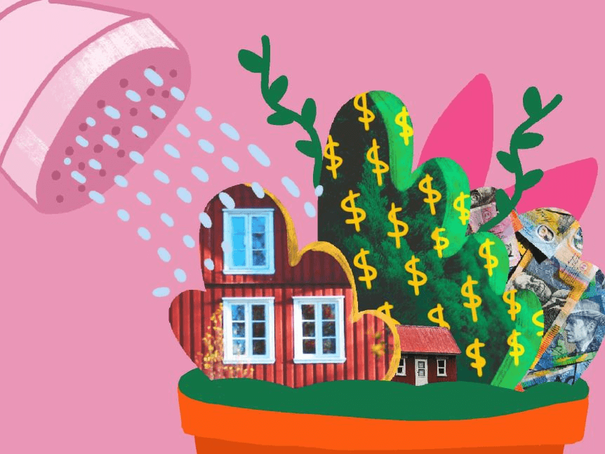 An illustration shows a house and money being watered in a depiction of salary sacrificing.