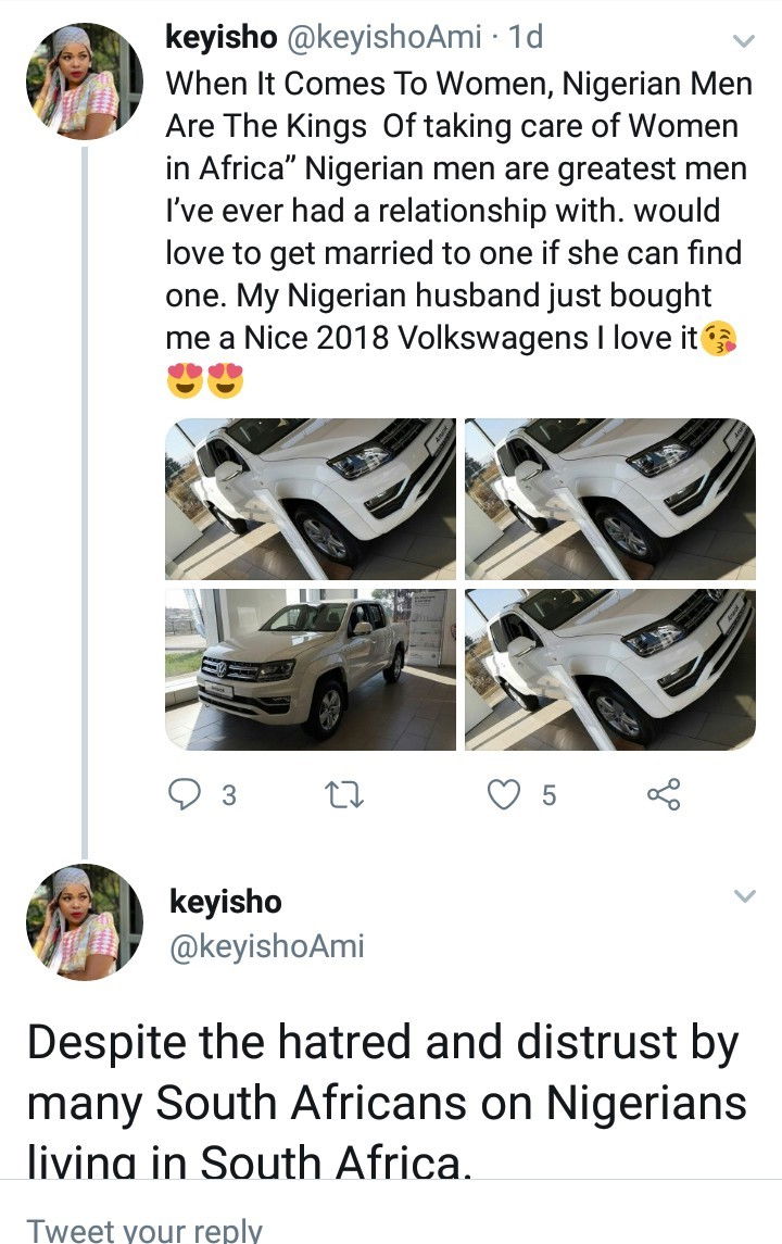 "Nigerian men are better than South African men" South African woman declares after Nigerian man gifts her a car 