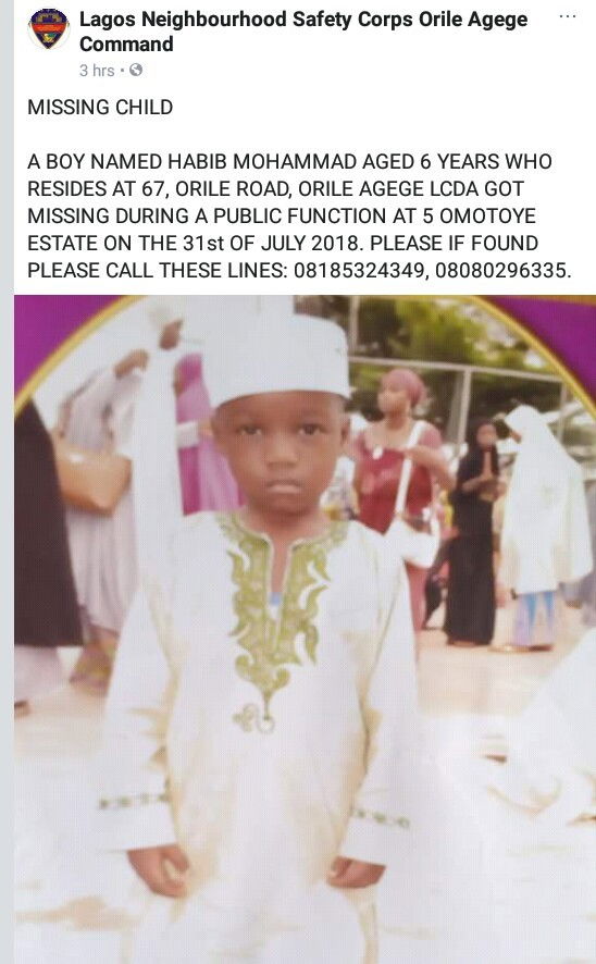 6-year-old boy declared missing in Lagos