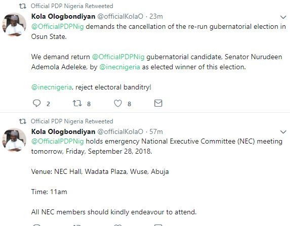 PDP demands the cancellation of the re-run gubernatorial election in Osun State, calls emergency NEC meeting in Abuja