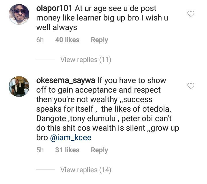 KCee called out after he shows off wads of cash following Soso Soberekon