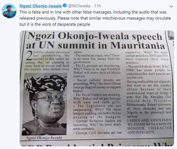 Ngozi Okonjo-Iweala denies endorsing President Buhari