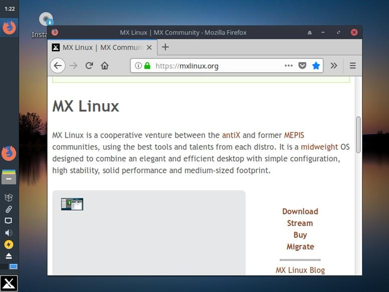 mx linux ejecutando el navegador web firefox