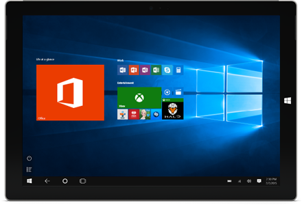 一台平板电脑，显示 Windows 10 开始屏幕上的Office 应用程序和其他磁贴