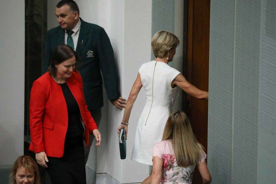 Retiring Liberal MP Julie Bishop left the chamber quickly after announcing her departure.