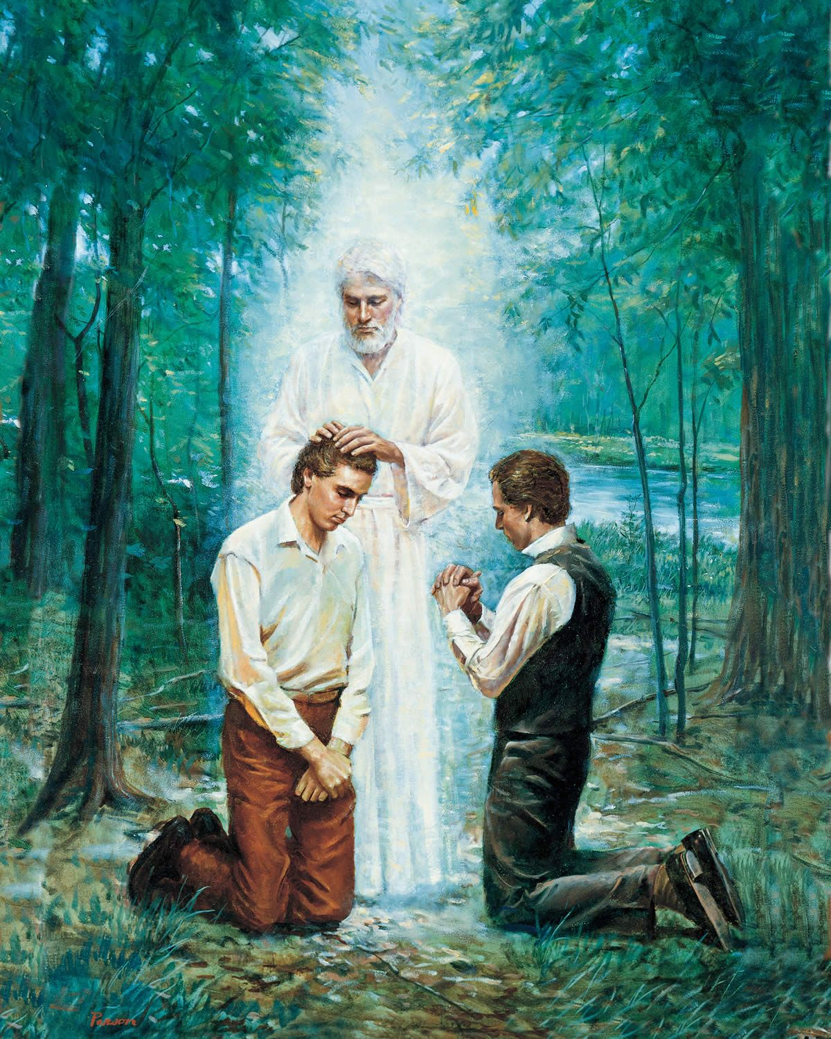 Joseph Smith and Oliver Cowdery receive the Aaronic Priesthood by the laying on of hands from John the Baptist