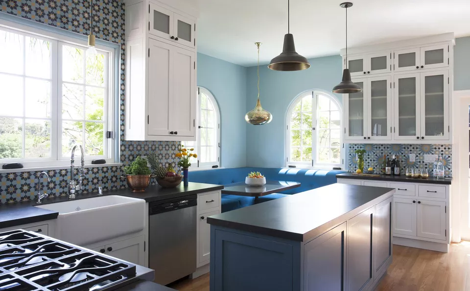 blue and white modern kitchen