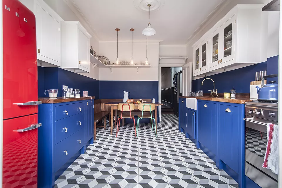 red, white and blue retro kitchen