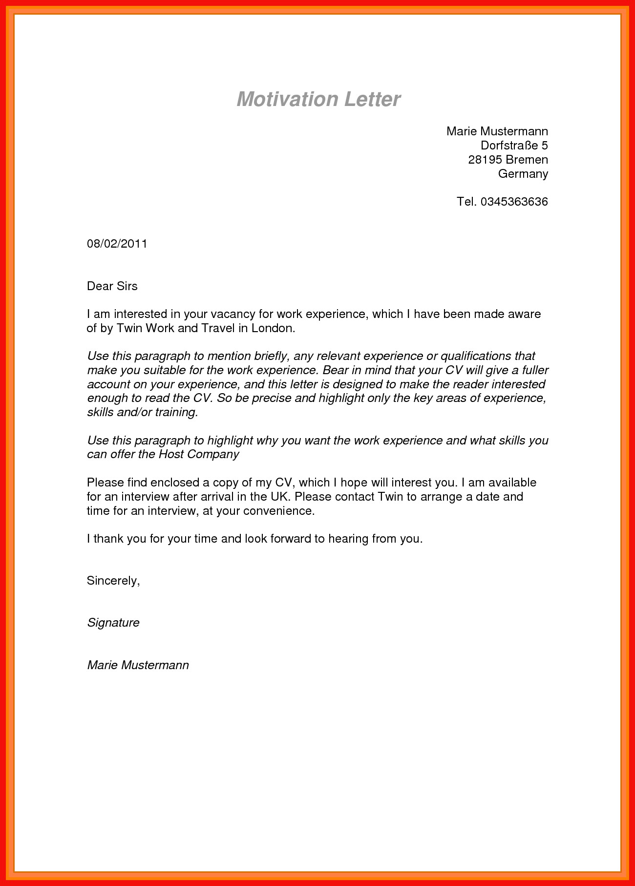 Motivation Letter Sample Format Faxcoversheet
