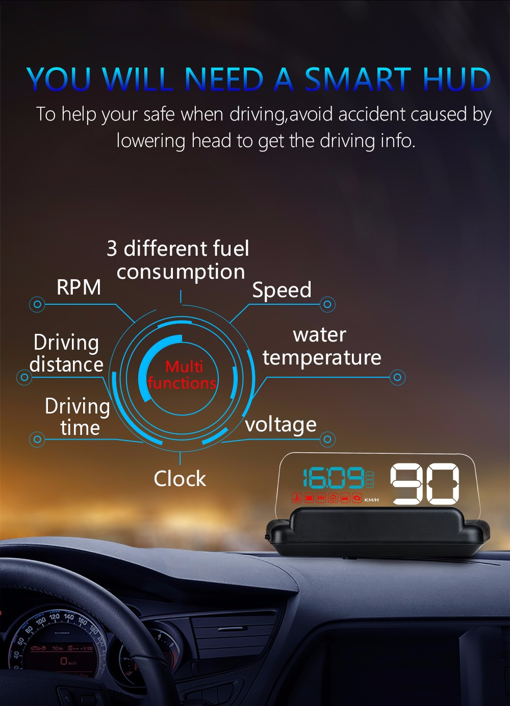 Car C500 5 inch OBD2 HUD Head-up Display Smart Computer Digital Fuel Consumption Speed Warning System