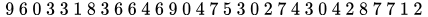 {\displaystyle 9\ 6\ 0\ 3\ 3\ 1\ 8\ 3\ 6\ 6\ 4\ 6\ 9\ 0\ 4\ 7\ 5\ 3\ 0\ 2\ 7\ 4\ 3\ 0\ 4\ 2\ 8\ 7\ 7\ 1\ 2}