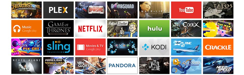 apps, plex, netflix, youtube, google play, google play music, sling, kodi, hulu, pandora, games