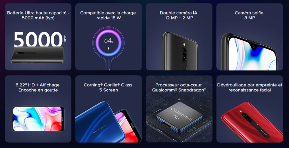 Xiaomi Redmi 8 Smartphone 4G Snapdragon 439 Octa Core 12MP double caméra 6.22