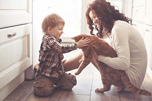 Mãe e filho brincando com grande gato laranja no chão da cozinha em casa.