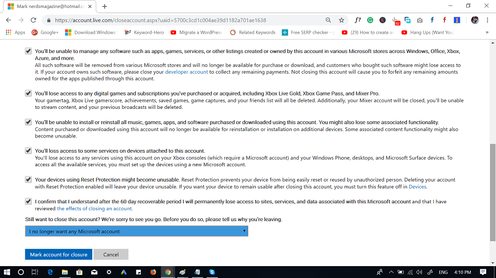 mark microsoft account for closure
