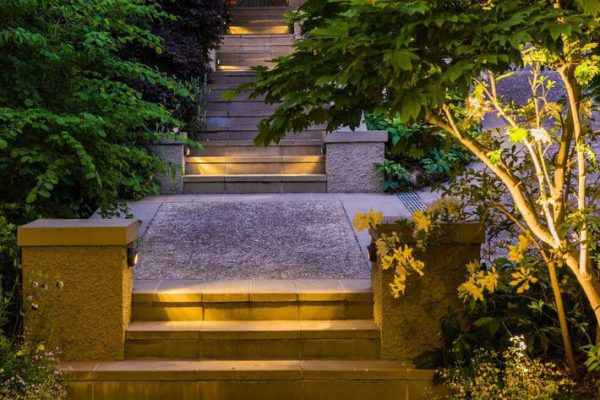 LED lights installed on garden path steps