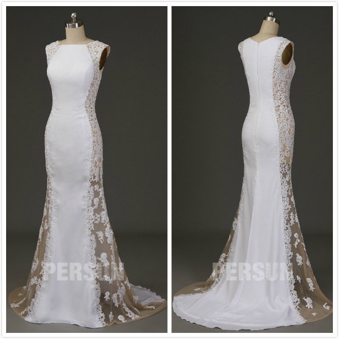 robe soirée blanche sirène côté appliqué transparent avec traîne