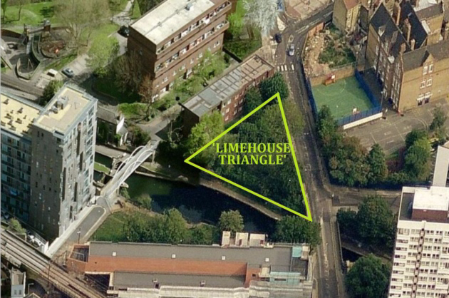 Limehouse Triangle biodiversity site created next to Regent's Canal in 2000, now lost, already surrounded by tower blocks. Picture: LBTH