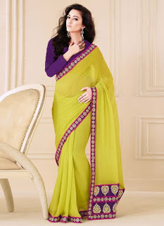  Light Yellow And Violet Faux Georgette Designer Saree
