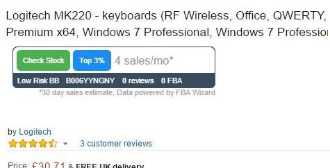 Example product showing FBA Wizard BSR and Sales per month