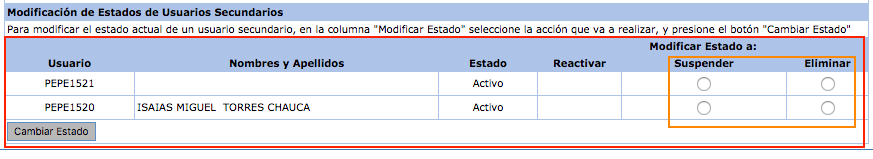 baja de usuarios