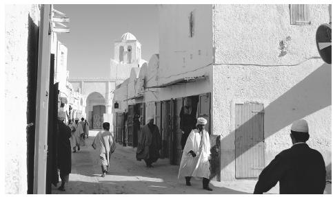 Many of the villages located in Algeria's desert region—such as the oasis town of El-Oved in the Sahara (above)—feature high stone border walls for privacy.