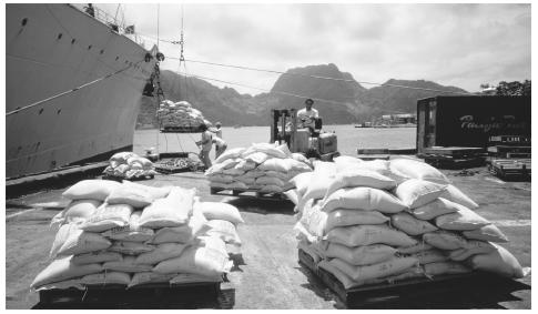 Imported rice is unloaded in Pago Pago. American Samoa imports many goods, including food, fuel, and building materials.