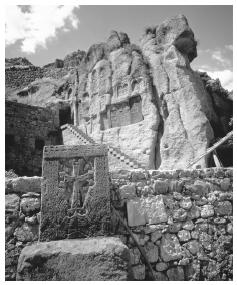 A temple cut into a Tufa rockface.