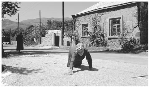 An Armenian woman drying grain beside the road in Garni Village, circa 1967. Historically, Armenian women were viewed as having responsibility for domestic chores and maintaining their households.