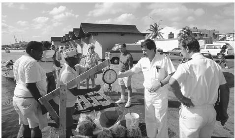 Men buying shrimp from local vendors at Oranjestad Harbor.