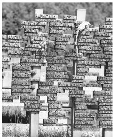 The Graveyard of Villages memorializes the 185 Belorussian towns destroyed by Nazi forces during World War II. The monument stands on the site of one of the towns, Khatyn, which burned to the ground in 1943.