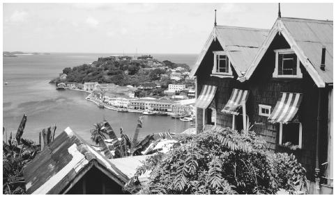 Houses overlooking St. George's Harbor. St. George's is the most historical city in Bermuda, with an abundance of seventeenth-century architecture.