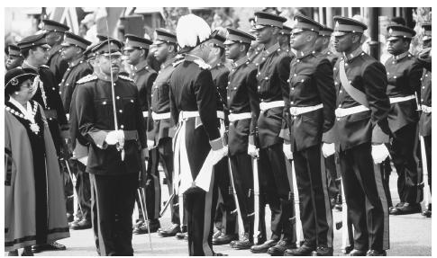 The Governor of Bermuda inspects troops of the Bermuda Regiment during the annual Peppercorn Ceremonies, St. George, Bermuda.