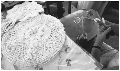 Lace next to a lacemaker at work, Fortaleza, Brazil. Less than 50 percent of Brazilian women hold jobs outside the home.