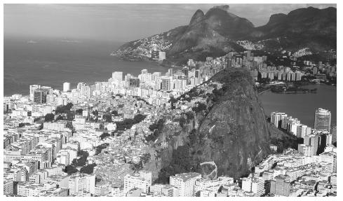 A view overlooking Rio de Janeiro. There is stark contrast between the wealthier, more industrialized south and the poorer, undeveloped north.