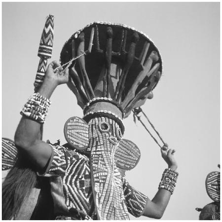 A Bamiléké tribesman wearing a mask during a traditional ritual in Cameroon.