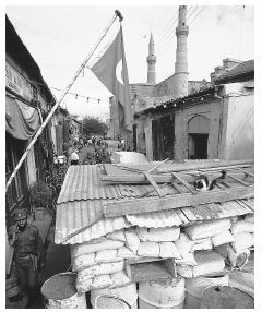 A Turkish boundary line in Nicosia, Cyprus, limits Greeks from entering the area.