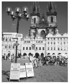 People walking through the public square in Prague, Czech Republic. 