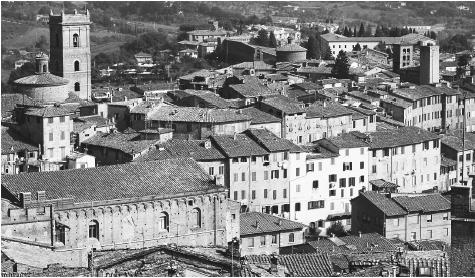 Tiled rooftops on brick buildings and homes in Siena. Architecture throughout Italy shows strong Roman influences.