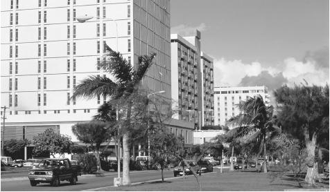 The Kingston business district. Jamaica's economy now includes mining, manufacturing, and services in addition to agriculture.